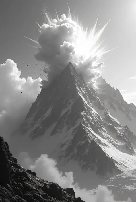 BLACK AND WHITE ART,  with nano details of a very intense explosion on a high mountain ,   in the explosion to see the shock waves , Many small pieces being ejected ,  detail the explosion realistically keeping it in black and white ,  make details small e...