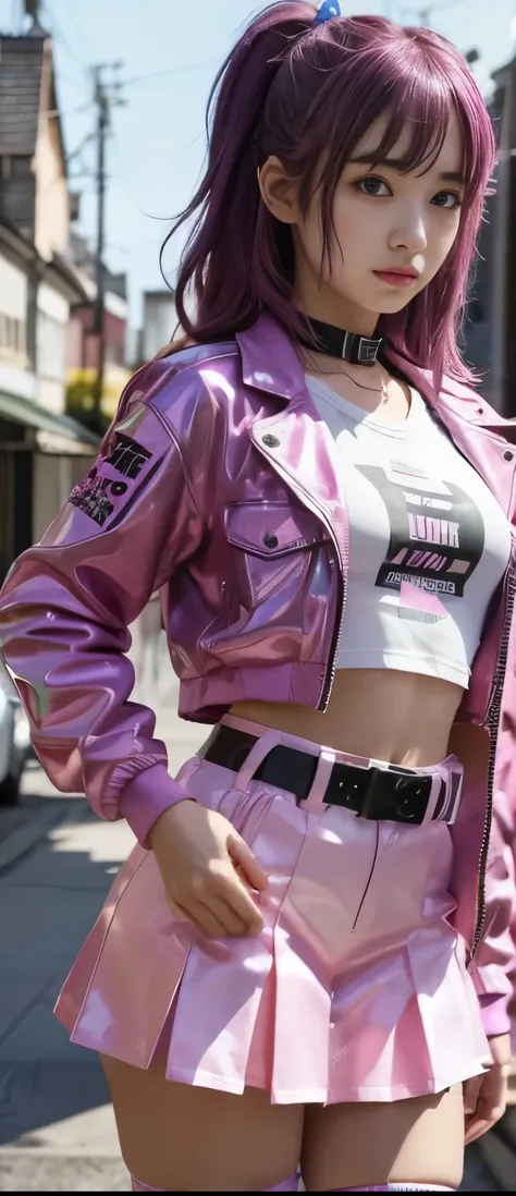  pure idol girl（pink purple hair）、A pure girl's face、 hypo、Fluorescent pink jacket、sequin tight keleton Belt、、Glowing Punk Town 