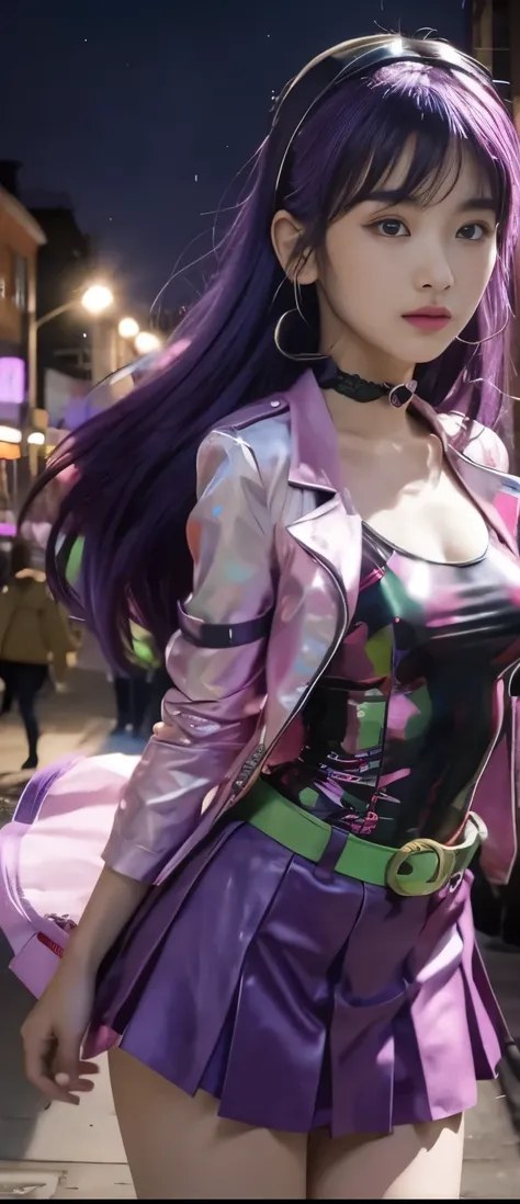 pure idol girl（ purple hair）、A pure girl's face、 hypo、Fluorescent pink jacket、sequin tight mini dress、Skeleton Belt、、Glowing Punk Town 