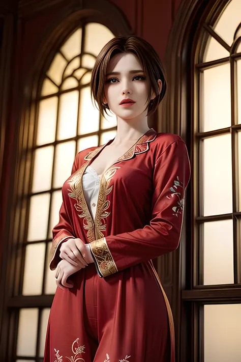 Elegant woman with brown hair, wearing a luxurious red silk pyjamas adorned with golden floral and bird embroidery, standing gracefully in a softly lit indoor setting. Her makeup is refined, featuring bold red lips and dark eyeliner. The background consist...