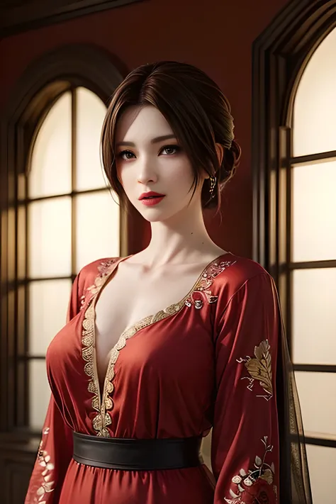 Elegant woman with brown hair, wearing a luxurious red silk pyjamas adorned with golden floral and bird embroidery, standing gracefully in a softly lit indoor setting. Her makeup is refined, featuring bold red lips and dark eyeliner. The background consist...