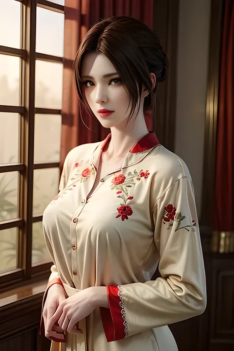 Elegant woman with brown hair, wearing a luxurious red silk pyjamas adorned with golden floral and bird embroidery, standing gracefully in a softly lit indoor setting. Her makeup is refined, featuring bold red lips and dark eyeliner. The background consist...