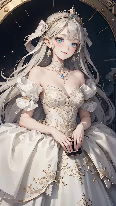  A woman in a white dress holds a music box, artwork in the style of Gwaiz, Gwaiz on pixiv artstation, Gwaiz on artstation pixiv, Gwaiz,     Fantasy art style  , Gwaiz masterpiece,   Beautiful and Elegant Queen    ,   Beautiful Character Illustrations  ,  ...