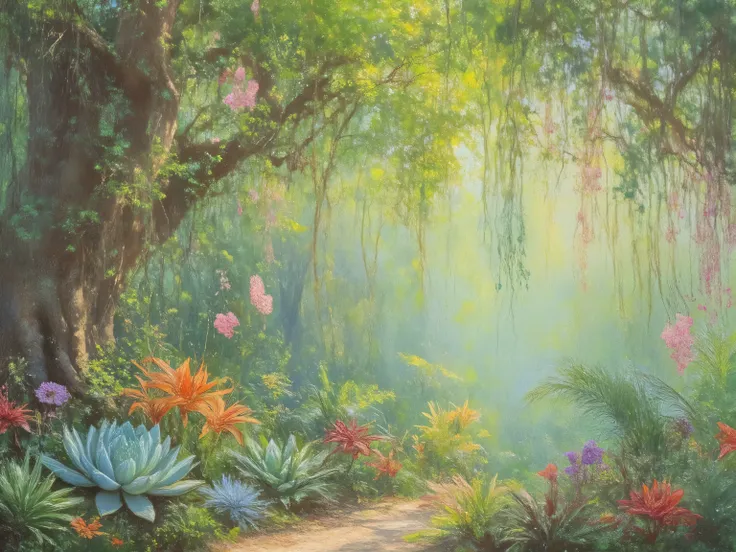 A surreal botanical landscape with lush green trees, cascading hanging plants, and vibrant flowers in various colors. The trees have thick foliage, some with pink blossoms, and long trailing vines in green, orange, blue, and red. The ground is covered with...