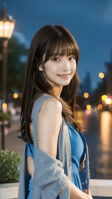  1 girl, solo, blue dress，cardigan long hair, bangs, ((highlight brown hair))，
chest,  smiles, Aperture F2.8,  8k octane ,  3D rendering ,  night view， Disney 