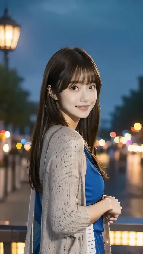  1 girl, solo, blue dress，cardigan long hair, bangs, ((highlight brown hair))，
chest,  smiles, Aperture F2.8,  8k octane ,  3D rendering ,  night view， Disney 