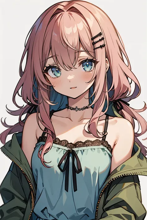 (masterpiece:1.2), (high quality:1.2), girls with(((1girl, solo, hair clips, camisole, bare shoulders, collarbone, Lace dress, Pink hair, Green eyes, long hair, Ribbon))), (((khaki hoodie, green hoodie, hood down, hooded jacket, jacket, long sleeves, mediu...