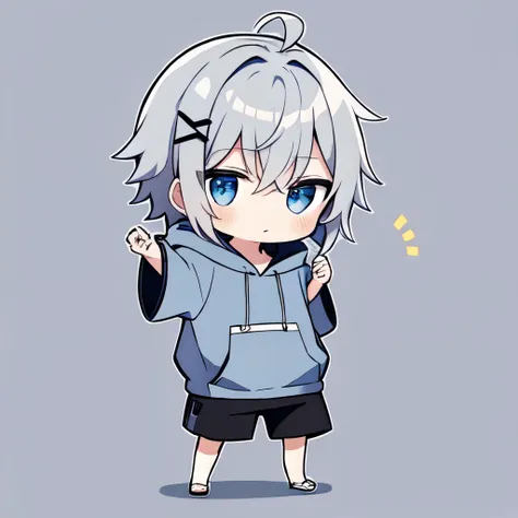 chibi, hair, Is wearing a hoodie , full body, expressionless , simple background, dancing
1 boy , alone, blue eyes, happy,Gray hair, 長い hair, 前hair, hair_ Ornament , is puffy _ sleeve, shirt, short_ sleeve,巻きhair,Belligerent
