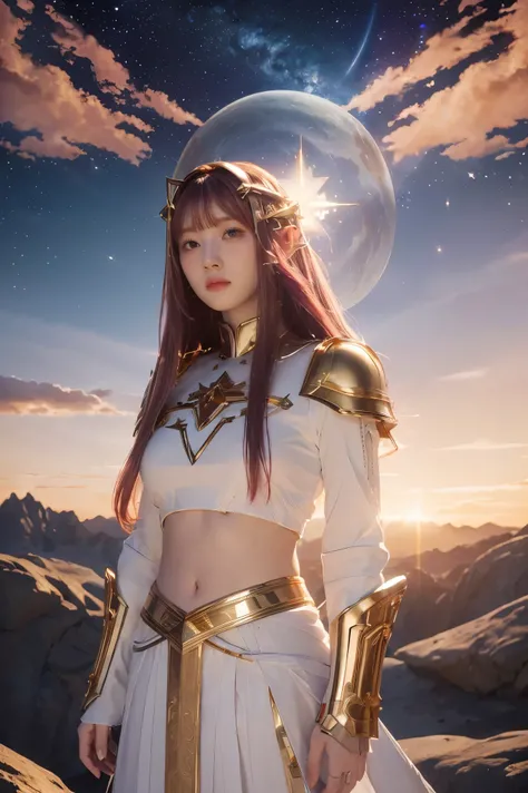 ((masterpiece, best quality, extremely detailed), volumetric lighting, ambient occlusion, colorful, glowing), 1girl, solo, young girl, (maroon hair with bangs), long hair, halo, aura, sacred, goddess, cleric suit, (white outfit with gold detailst:1.3), arm...