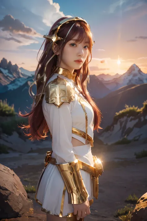 ((masterpiece, best quality, extremely detailed), volumetric lighting, ambient occlusion, colorful, glowing), 1girl, solo, young girl, (maroon hair with bangs), long hair, halo, aura, sacred, goddess, cleric suit, (white outfit with gold detailst:1.3), arm...