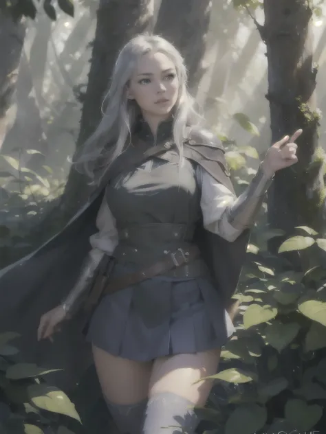 (Best Quality, masterpiece, showy, dynamic angle, highest detailed) 1 girl, YEARS_CLASSIC_illuminated fact_propiowaifu, Cinema Lighting、medium range shooting, Female adventurer, beautiful, flowing silver hair, blue eyes, playful, light combat outfit, dark ...