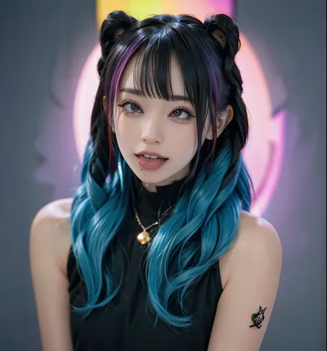 ( punk girl:1.4),     mallet hairstyle    ,     beautiful symmetrical eyes    , (    colorful gradient hair :1.5), (    intricate details:1.2), (    very detailed face and eyes:1.2),       do not wear makeup in coal mines  , (Bear:1.1), Midnight Aura, Urba...