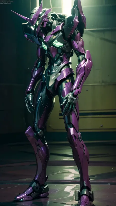 textured skin, Super details, high detail, high quality, best quality, high resolution, 1080P, hard disk, a giant purple humanoid robot, known as an Evangelion Unit, from the anime series 'Neon Genesis Evangelion.' The robot features a sleek, angular desig...