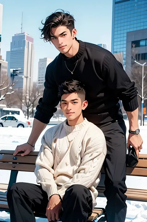 日本人duo　　 handsome　 short dark hair  　　short cropped 　　　male　duo　　Slim figure　　Thick knit　 sweater　　　r long pants 　 sportsman type man　　Background is snow　Just snow 　　　 futuristic city skyscrapers and highways in an upper body composition　　universe 　　　Sit o...