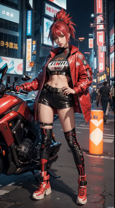  masterpiece,  league player , Confident cyberpunk girl, Full-body shooting, ((Standing in front of the Kaneda Akira motorcycle)), Pop costume inspired by Harajuku ,  bold colors and patterns , flashy accessories , red mohawk hairstyle, vibrant makeup,  st...