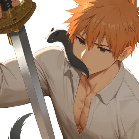  Great painting ,   best quality ,  ridiculous results, Kurasaki Ichigo , Bleached ,  1 boy , tail, tail on face,  brown eyes,  collared , holds, holds sword, holds weapon,  looking at scenes ,  male focus ,  orange hair ,  chest muscles ,   with short hai...