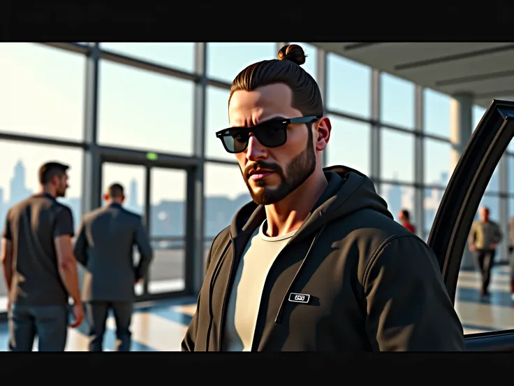 male gta character a man arriving at the airport with bun hair sunglasses