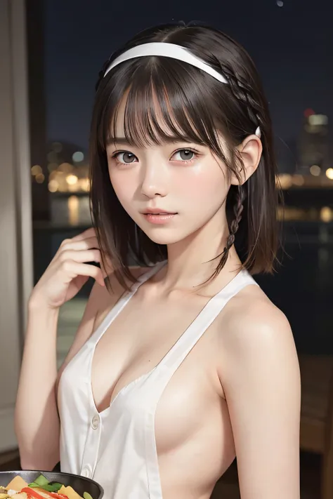 (8k,  RAW photo,  photorealistic:1.5) ,(face, lip gloss,  eyelashes, Shiny surface, Glossy Skin,  best quality, ultra highres,  allows depth of field), (cleavage, flat chest, naked white mini-short apron, naked girl, nude, white headband, short two braids ...