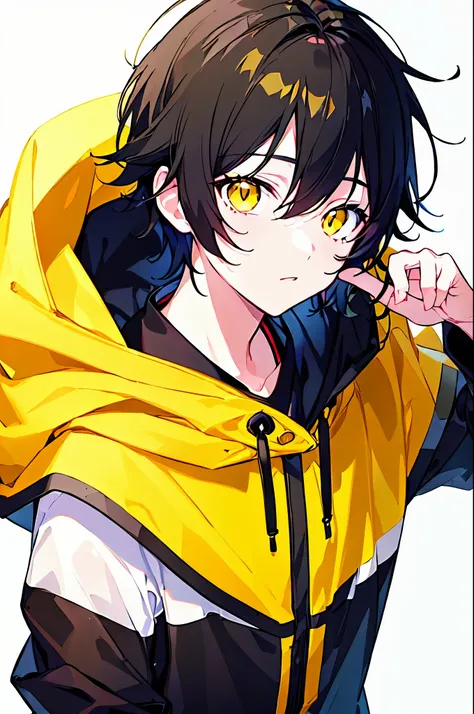 [(WHITE BACKGROUND:1.5),::5], ((((masterpiece)))), high quality, ultra very high resolution, full color, (((solo))), ((little younger boy)), black hair, ((yellow inner hair)), ((yellow eyes)), anime, ((upper body)), neon light, black parka,