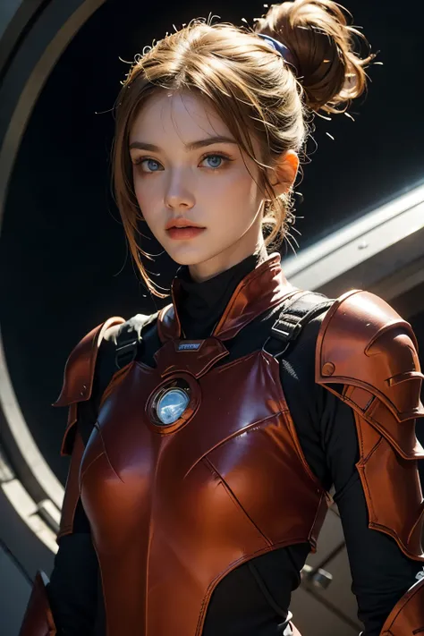 A beautiful woman. Blonde hair and blue eyes. She has her hair tied in a ponytail.Twenty years old. facial details. She is looking at the camera with a defiant expression. She wears tight red armor. She's in a spaceship.