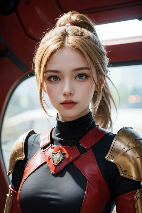 A beautiful woman. Blonde hair and blue eyes. She has her hair tied in a ponytail.Twenty years old. facial details. She is looking at the camera with a defiant expression. She wears tight red armor. She's in a spaceship.