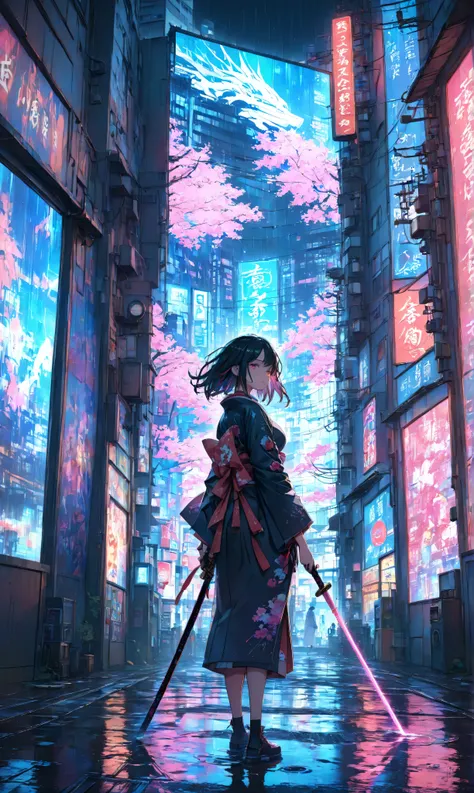 Masterpieces, high quality, high resolution, 16K, 3D, meticulously rendered backgrounds, Makoto Shinkai illustrations, surreal and haunting visual spectacle, vivid colours, cinematic lighting, digital painting, A cyberpunk samurai girl standing in a neon-l...