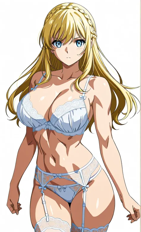 score 9、score 8 up、score 7 up、score 6 up、score 5 up、source anime、anime coloring、 top quality、 high resolution、 Masterpiece、 1girl 、anime character with a white bra and white panty、 blonde、 long hair、 blue eyes、french braid、crown braid、quiet laugh 、 white u...