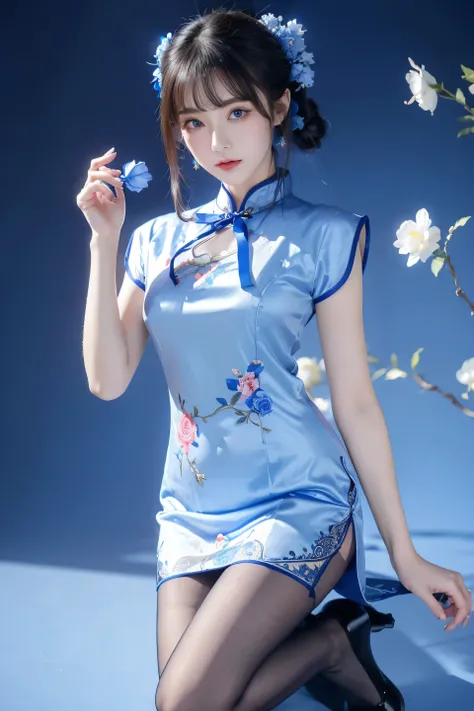 Cheongsam, 1 girl, blue bow, blue eyes, blue flowers, blue ribbon, blue rose, chest, Chinese clothing, Chinese clothing, dress, flower, gradient, gradient background, embroidered ball flower, looking at the audience, small chest, pantyhose, rose, single, t...