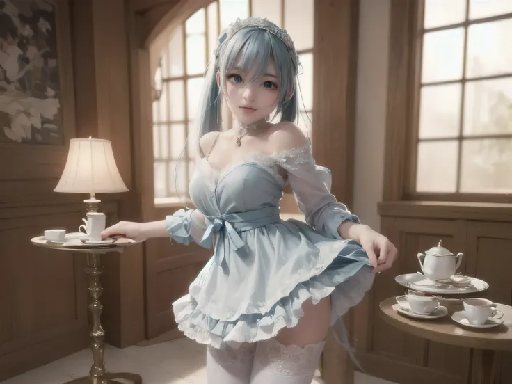 A hyper-realistic, ultra-detailed full-body 3D-rendered image of a **16-year-old Japanese girl named Kanon**, dressed in a **light blue and white maid outfit** with **intricate lace details and soft frills**. Her **silky, light blue twin tails** sway grace...