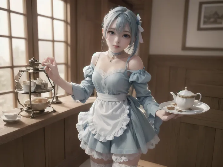 A hyper-realistic, ultra-detailed full-body 3D-rendered image of a **16-year-old Japanese girl named Kanon**, dressed in a **light blue and white maid outfit** with **intricate lace details and soft frills**. Her **silky, light blue twin tails** sway grace...