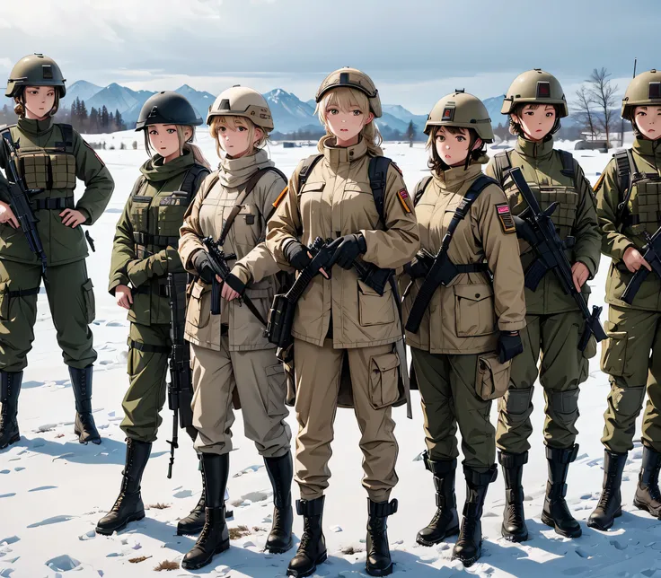 Four female soldiers in thick beige coats、beige military pants、 wearing tactical helmets  、Magazine Pouch、Tactical shoulder strap、Guns in their hands 、Standing guard ， snowy military base ， masterpiece、  are of the best quality 、High precision CG  、8K PICT...