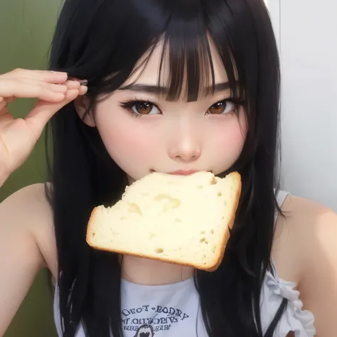   macaw with long black hair eating a piece of bread, anime girl in real life, eating garlic bread , She has black hair with bangs , belle delphine, Hime's court, black hair hime cut, mukbang, Sui Ishida com cabelo preto, ulzzang,  Kotegawa yui,  emo girl ...