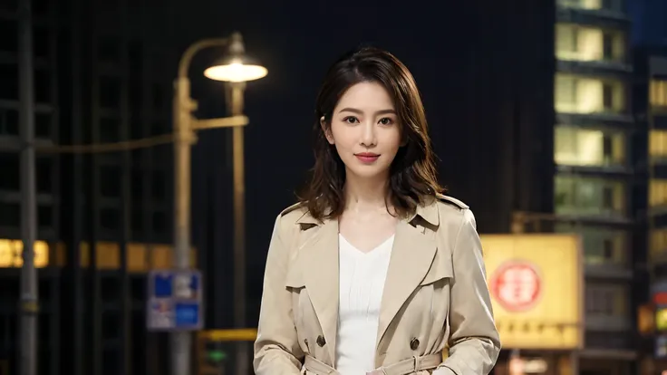  A woman standing on an evening street in the city center ,streetlight,  The night sky and clouds are in the background ,  I'm standing alone in a trench coat,  Aesthetically structured ,  The contrast between the urban alley background and the stylish cos...