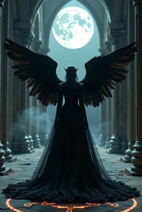 A dark and mysterious gothic queen standing in a ruined cathedral under a full moon, long flowing black gown with intricate lace details, haunting red eyes, dark raven wings spread wide, ancient arcane symbols glowing faintly on the floor, heavy mist in th...