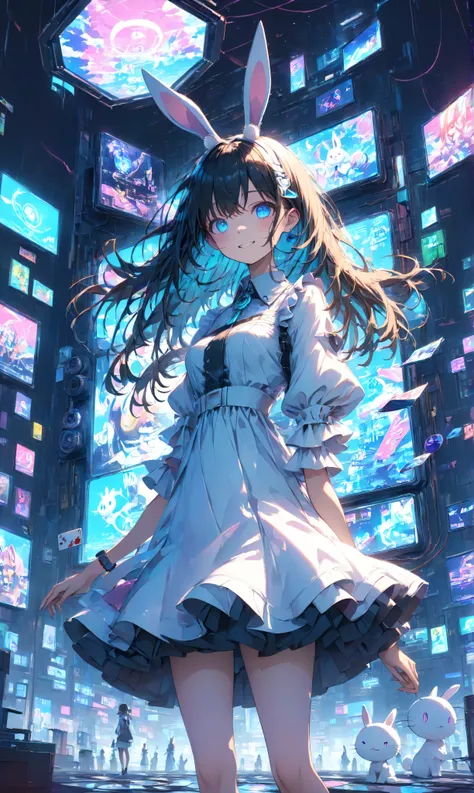 Masterpiece, high quality, high resolution, 16K, 3D, meticulously rendered backgrounds, Makoto Shinkai illustrations, surreal and haunting visual spectacle, vibrant colours, cinematic lighting, digital painting, cyberpunk Alice in a futuristic Wonderland, ...