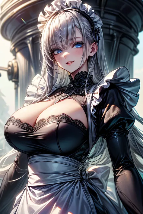 (best quality,4k,high resolution,masterpiece:1.2),a maid is looking down a huge cultivation tank.detailed eyes,beautiful detailed lips,extremely detailed blue eyes and face, long silver hair, long eyelashes, half closed sadistic eyes, opened mouth to smile...