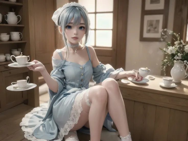 A hyper-realistic, ultra-detailed full-body 3D-rendered image of a **16-year-old Japanese girl named Kanon**, dressed in a **light blue and white maid outfit** with **intricate lace details and soft frills**. Her **silky, light blue twin tails** sway grace...