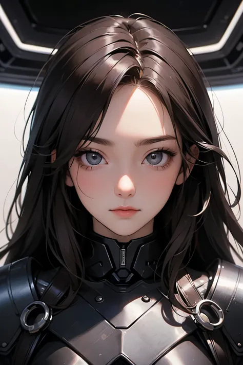  One Beautiful Woman 。 dark brown hair。Twenty years old。 Face Details 。She's looking at the camera with a defiant expression 。 she's wearing black metallic name armor。She's in a spaceship。