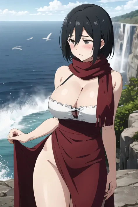 masterpiece, best quality, highres, hmmikasa, short hair, black eyes, scarf, red scarf, large breast, in a plunging, backless gown with cascading sheer layers, standing at the edge of a misty cliff overlooking the roaring ocean. The salty wind lifts the fa...