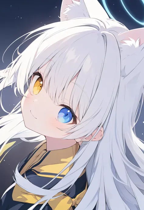 white hair , long hair,Heterochromia(Left blue right yellow), alone,Cat ears, blue halo,Smile