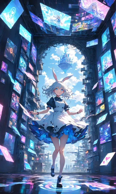 Masterpiece, high quality, high resolution, 16K, 3D, meticulously rendered backgrounds, Makoto Shinkai illustrations, vibrant colours, cinematic lighting, digital painting, cyberpunk Alice in Wonderland, circuitry glowing high-tech dress, hologram white ra...