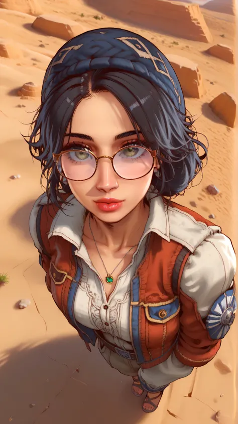  ,   anime screenshot , official style,,  a beautiful young woman ,   beautiful reflective eyes  ,   beautiful and detailed lips ,   extremely delicate eyes and face,   long lashes ,    sensual facial expression   , ((in a complex desert setting full of ba...