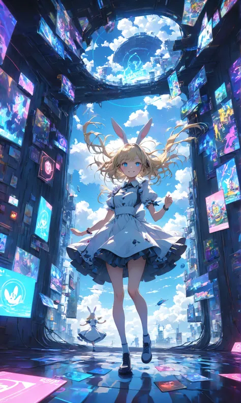 Masterpiece, high quality, high resolution, 16K, 3D, meticulously rendered backgrounds, Makoto Shinkai illustrations, vibrant colours, cinematic lighting, digital painting, cyberpunk Alice in Wonderland, circuitry glowing high-tech dress, hologram white ra...