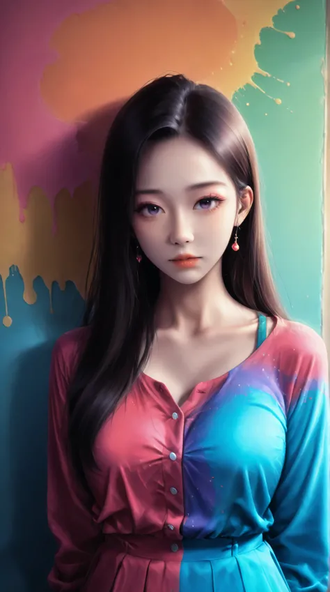 Expressionist artwork image of a single face, korean woman, colorful, color splash, neon colors, make it weird and gallery worthy