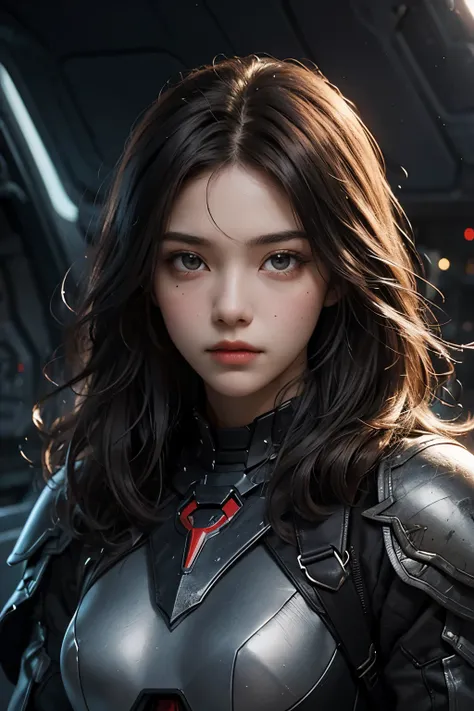 A beautiful woman. Dark brown hair. Twenty years old. facial details. She is looking at the camera with a defiant expression. She wears black metallic armor. She's in a spaceship.