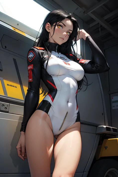 1 girl, black hair, yellow eyes, very long hair, pale skin, fit body, slender body, slim waist, large breasts, (confident expression), pilot suit, thigh gap, bare thighs, show bare legs