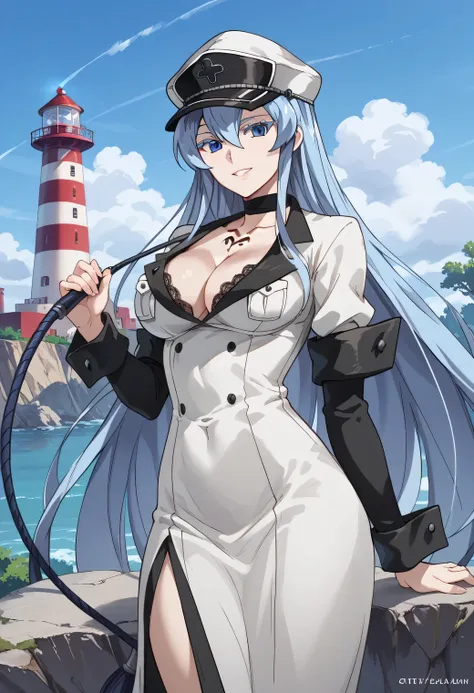 esdeath, 1girl, blue eyes, light blue hair, long hair, eyelashes, solo, 1girl, breasts, in a dramatically revealing, deep-slit silk gown with lace details, standing on a rocky cliffside near an old lighthouse. The storm winds whip through her sheer fabric ...