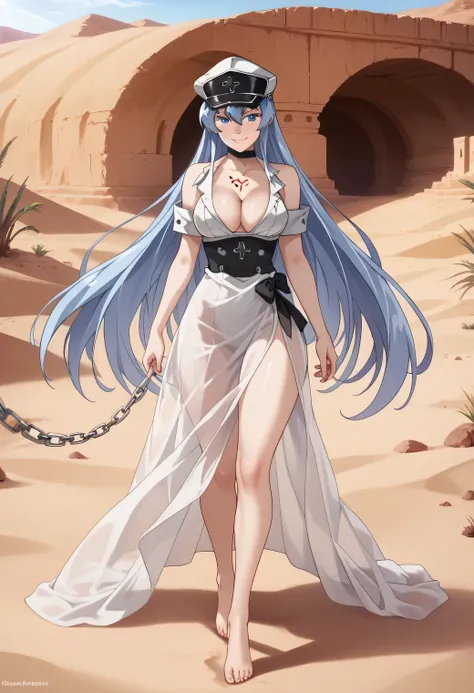 esdeath, 1girl, blue eyes, light blue hair, long hair, eyelashes, solo, 1girl, breasts, in a sheer, deep-cut desert gown with delicate chains and metallic accents, walking barefoot across endless golden dunes at dusk. The fabric clings lightly to her skin ...