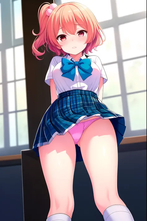 (Masterpiece,  top quality),  Highly Detailed Background, perfect lighting top quality, ( angle from below), (Focus on thighs:1.3), (Arms behind your back:1.4), Tomura Michiru, Alone,  indoor,  school classroom,  orange hair, One side up, Pink hair bobble ...