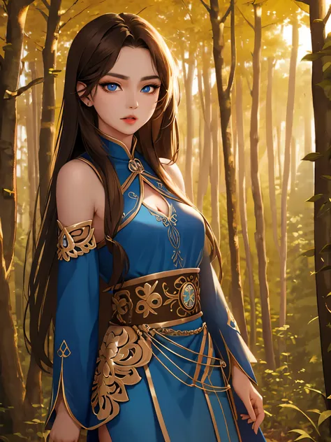 Kazakh woman, medium brown straight hair, small breasts, blue eyes, gold makeup, wearing, sexy posing, nature background